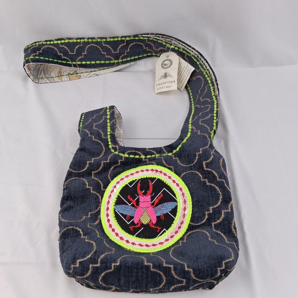 Coleoptera Lucky Bag Regina Navy Velvet Beetle Embroidered Hobo Shoulder Bag NEW